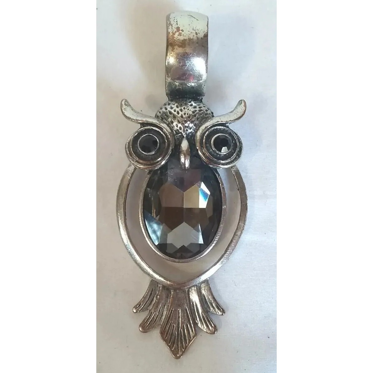 Owl Scarf Accent Or Pendant Vtg Silver Tone Faceted Smokey Glass Eyes Belly Read